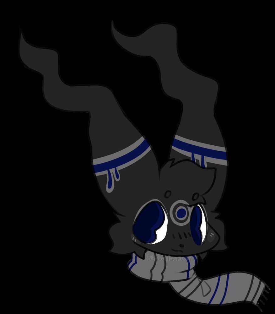 an umbreon OC with a scarf and whispy ghost-like ears colored in the gendervoid flag (dark grey, light grey, blue) art by shakesfaeriean