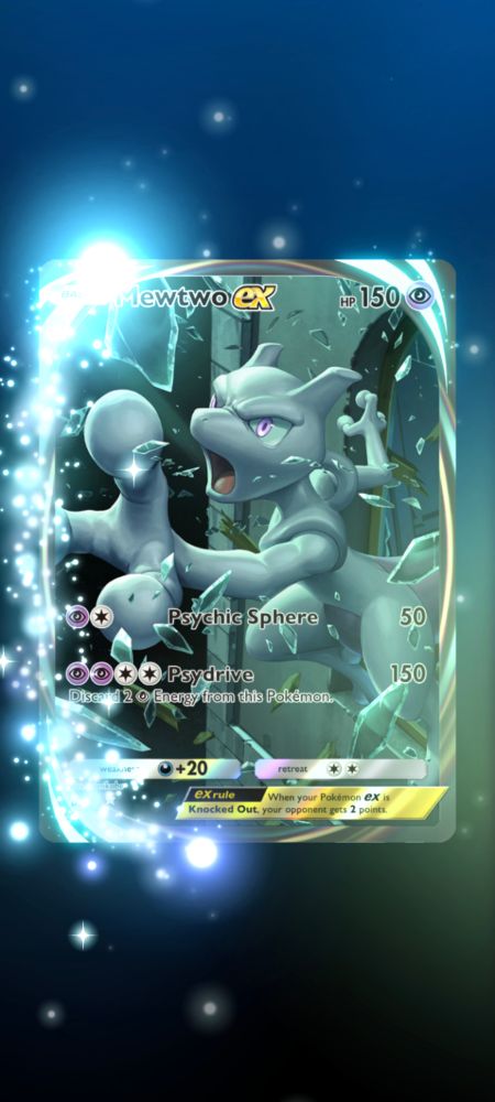 The immersive (ie, it plays a video when you click on the card) Mewtwo ex card on a black background. Mewtwo is busting out of a window 