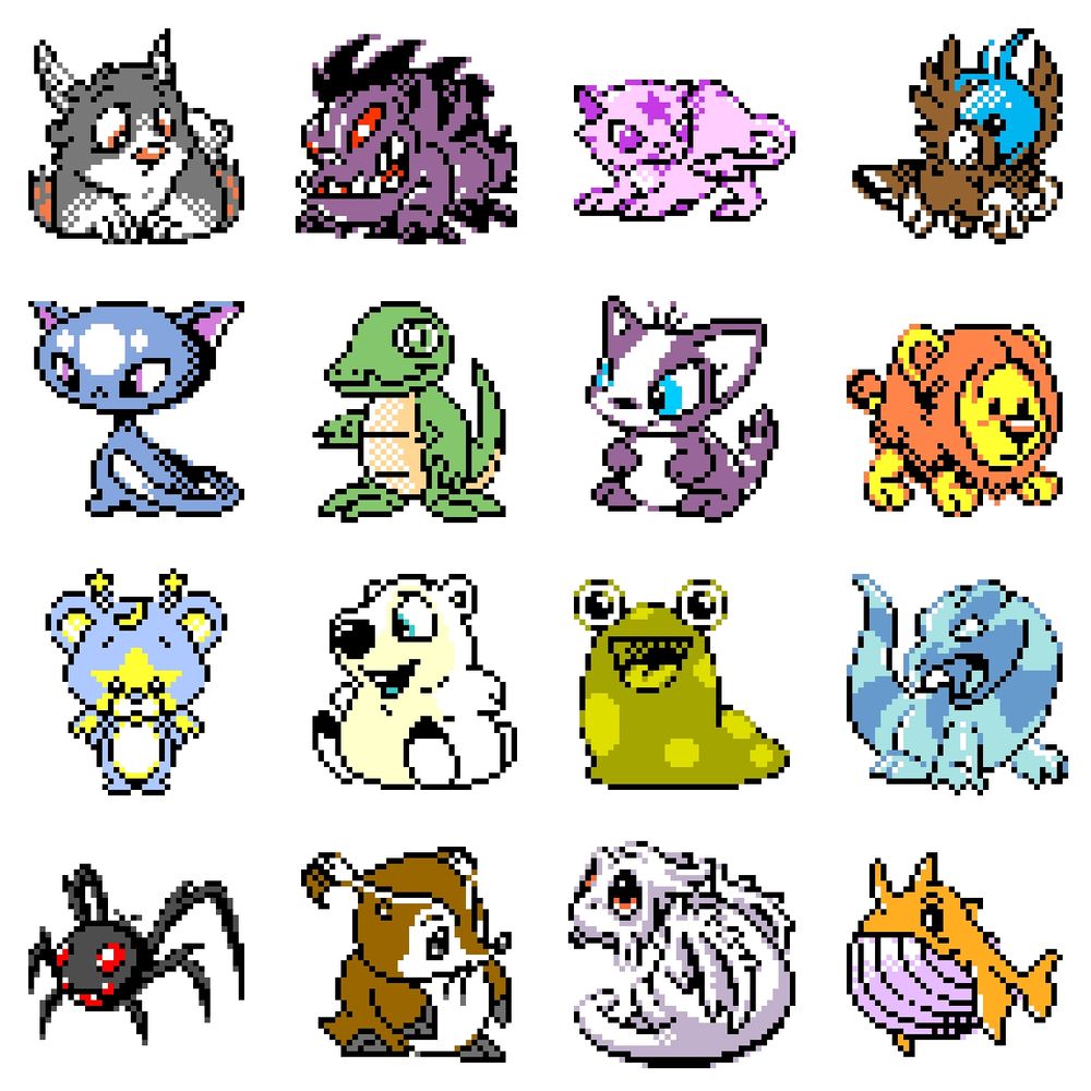 8-bit / 4-color pixel art sprites of 12 petpets arranged in alphabetical order.