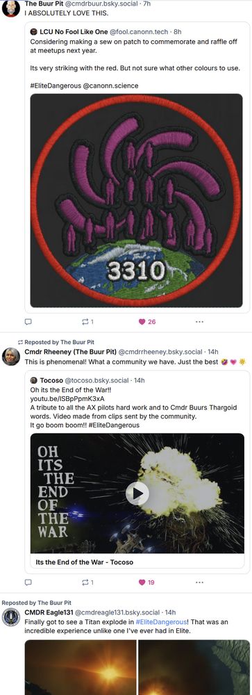 Bluesky Posts of The Buur Pit, Commander Rheeney and Eagle131 with vivid engagement showing that the Elite: Dangerous community is on Bluesky as an argument for Frontier to come here too.