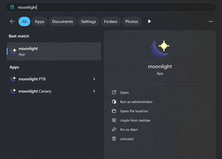 A screenshot of the Windows 11 start menu showing the moonlight Discord mod, and two variants, "PTB" and "Canary"