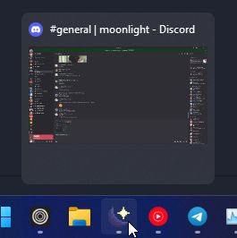 The Windows 11 taskbar. The cursor is hovering over the moonlight icon, showing a preview of Discord, running moonlight