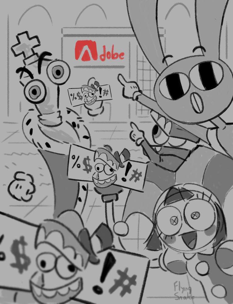 Redraw of the picture originally posted by Ashley Nichols.
POV photo from Zooble's perspective while Zooble, Pomni and Kinger flip off the Adobe building while Jax and Caine point at it