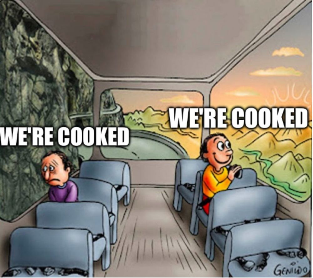 Photo by Joshua Mensah on August 11, 2025. May be a cartoon of spatula, microwave and text that says 'WE'RE COOKED WE'RE COOKED GENIIDO'.