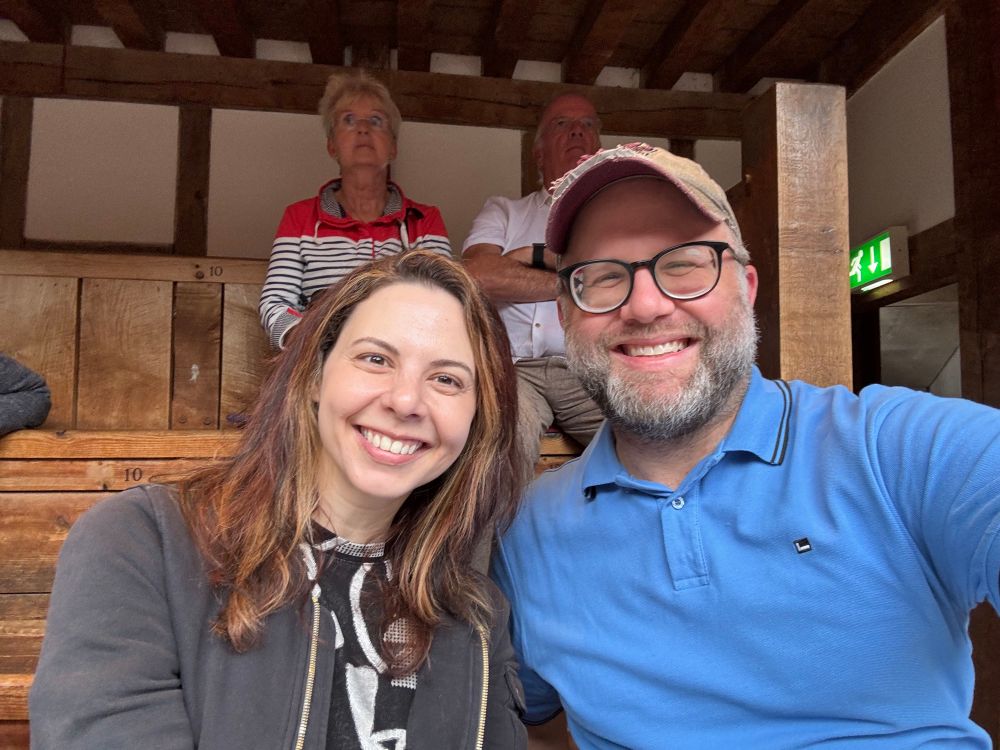 Shane and Sarah Brin mugging for the camera at Shakespeare’s Globe in London
