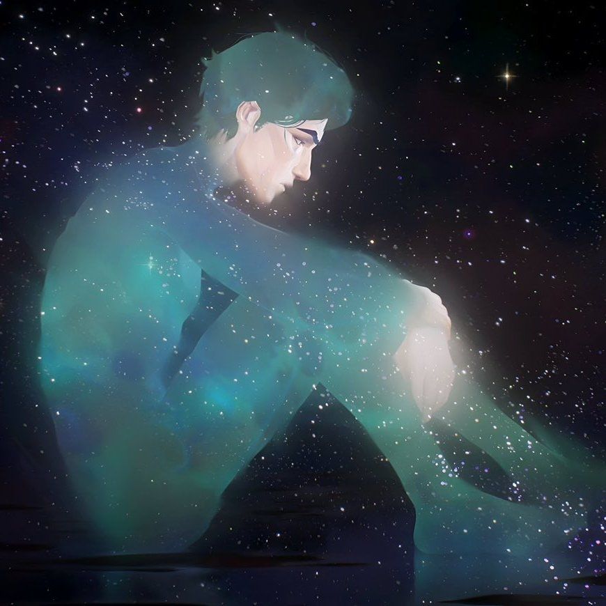 Viktor from Arcane in his cosmic form, bluish green and see through with stars in the background