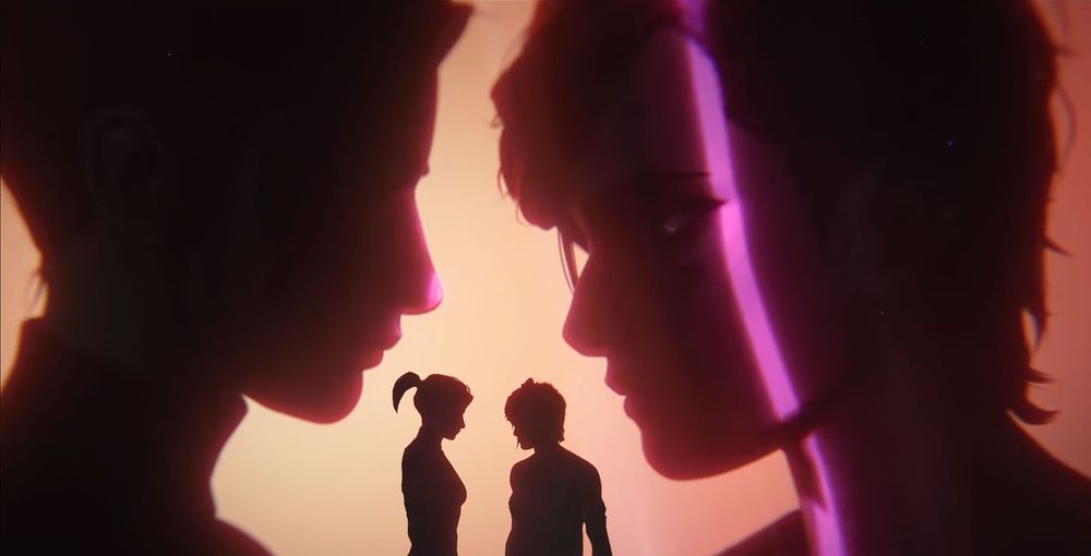Vi and Cait from the Season 2 intro, they are in shadow, with a soft orange backlight, and a thin ray of magenta light hitting Vi's face