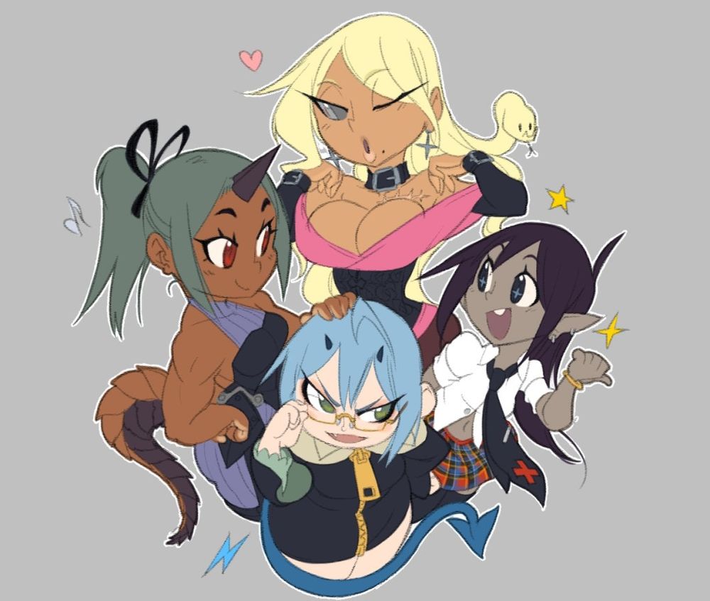 THE DEMON MAGES
My signature OCs since 2001.
Clockwise from leftmost: Ziggy the basilisk (left), Ari the gorgon (top), Tara the dark elf (right), and Tess the succubus (bottom.)