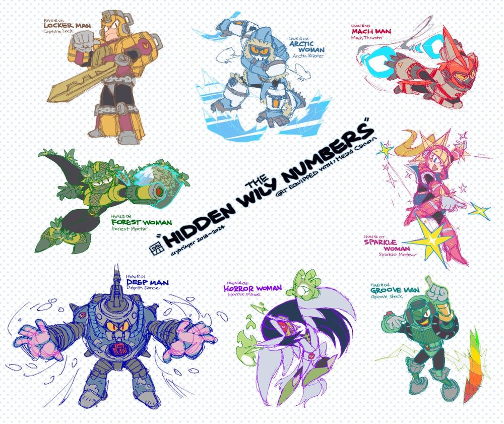 THE HIDDEN WILY NUMBERS
Headcanon Robot Masters of mine, clockwise from top: 
ARCTIC WOMAN: Arctic Blaster
MACH MAN: Mach Thruster
SPARKLE WOMAN: Sparkle Meteor
GROOVE MAN: Groove Shock
HORROR WOMAN: Horror Flame
DEEP MAN: Depth Force
FOREST WOMAN: Forest Mortar
LOCKER MAN: Capture Lock