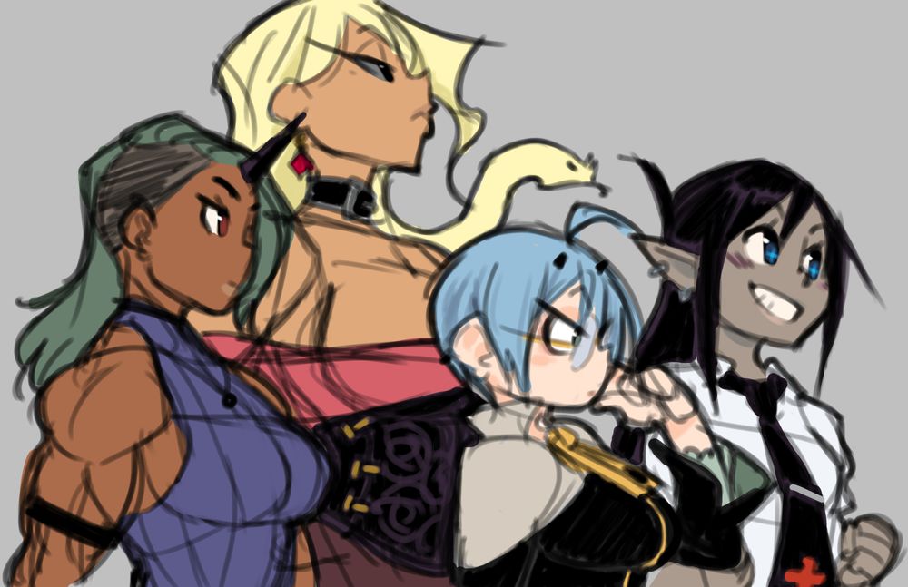 The Demon Mages Ziggy, Ari, Tess & Tara, a digital sketch from 2019.
Clip Studio Paint, 1920 x 1080 pixels.