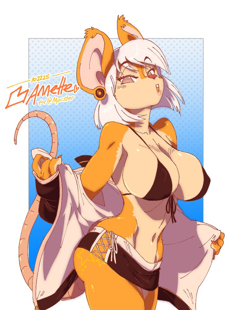 10/22/2025 ANNETTE
A monochromatic orange-and-cream colored commission of "Annette" for @macster.bsky.social.  A sexy and shapely mouse OC dressed in a racy, sporty micro skirt and bikini top, taking off her jacket.  She shows off plenty of curves and extra details from her gauged mouse ears, to her star tattoo on her rump.  One of many spicy requests of this OC!