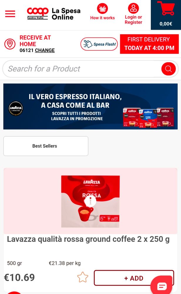 A screenshot of Coop Italia showing the price of Lavazza coffee. 