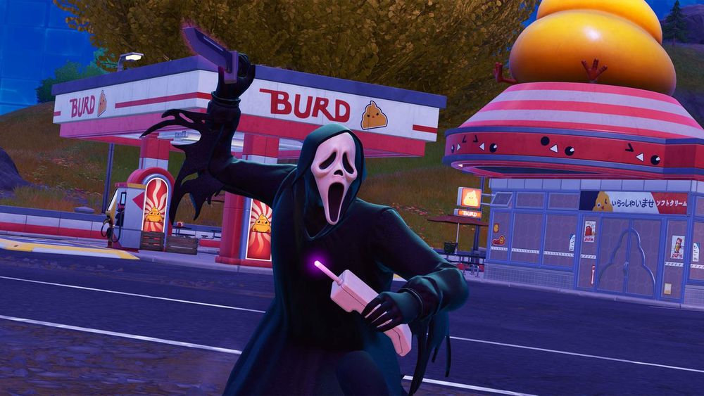 A screenshot of Fortnite, with Scream holding a phone and a knife. 