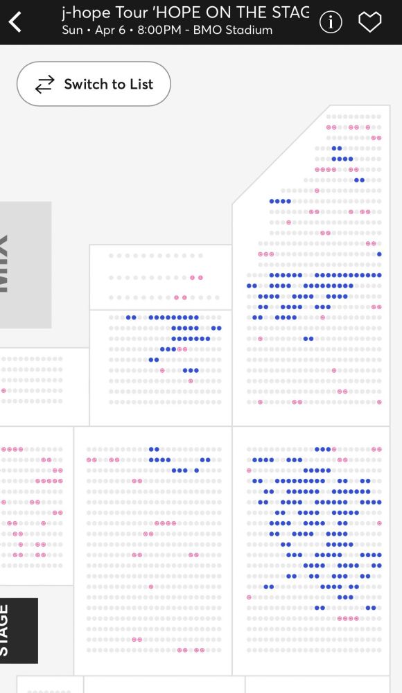 Seating chart from BMO Stadium showing available seats for j-hope's concert. 