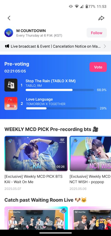 MCountdown Pre-voting. Stop the Rain currently at 68.9%.