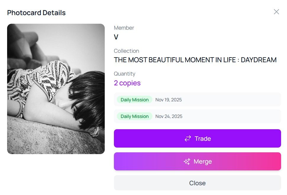 BCD Photocard. Member: V. Collection: HYYH Daydream.