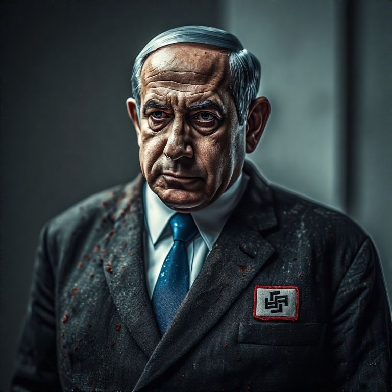 Netanyahu with swastika stitched on the left side of his coat. A drwaing, dark mood, cinematic. Staring with a grim expression.