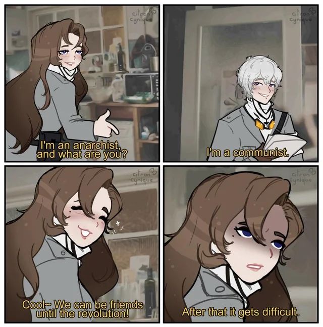 The image is a four-panel comic featuring two characters having a conversation. 1. Top Left Panel: A character with long brown hair and a gray outfit, smiling and gesturing with their hand, says, 