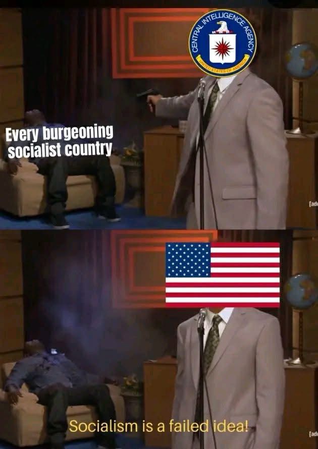 The image is a two-panel meme based on a popular format from a comedy sketch. In the first panel, a person in a suit is holding a gun, with the head replaced by the logo of the Central Intelligence Agency (CIA). The person is shooting another person sitting on a couch, who is labeled as 