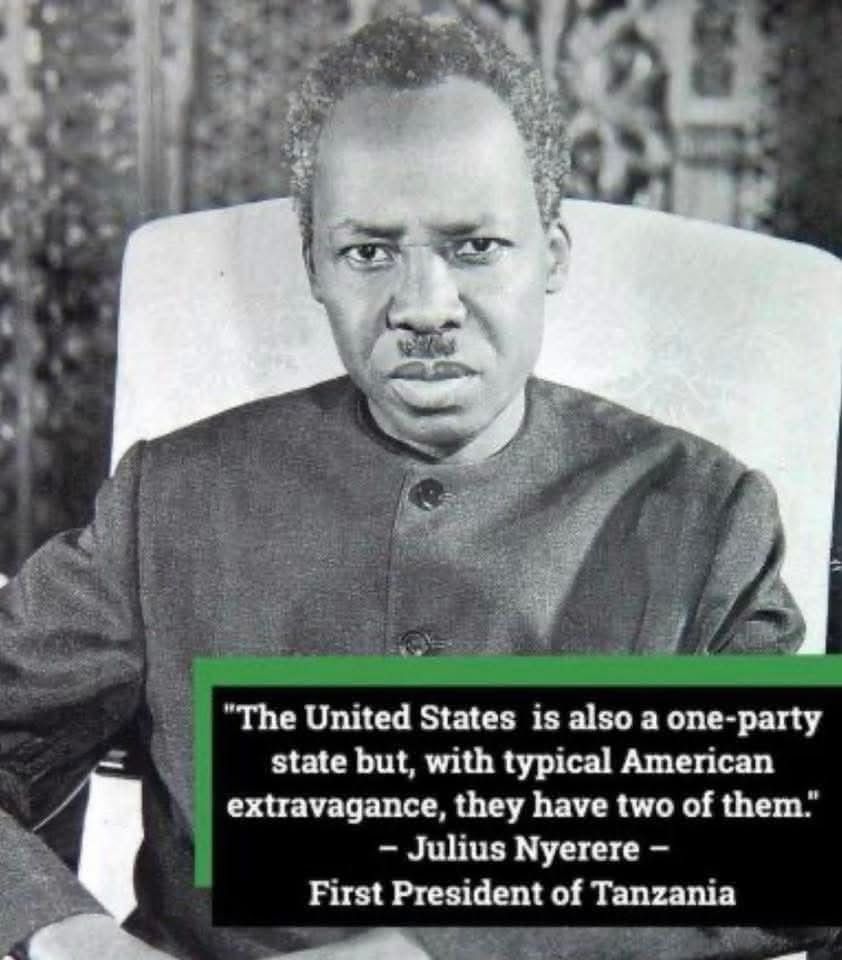"The United States is also a one-party state but, with typical American extravagance, they have two of them."
- Julius Nyerere -
First President of Tanzania