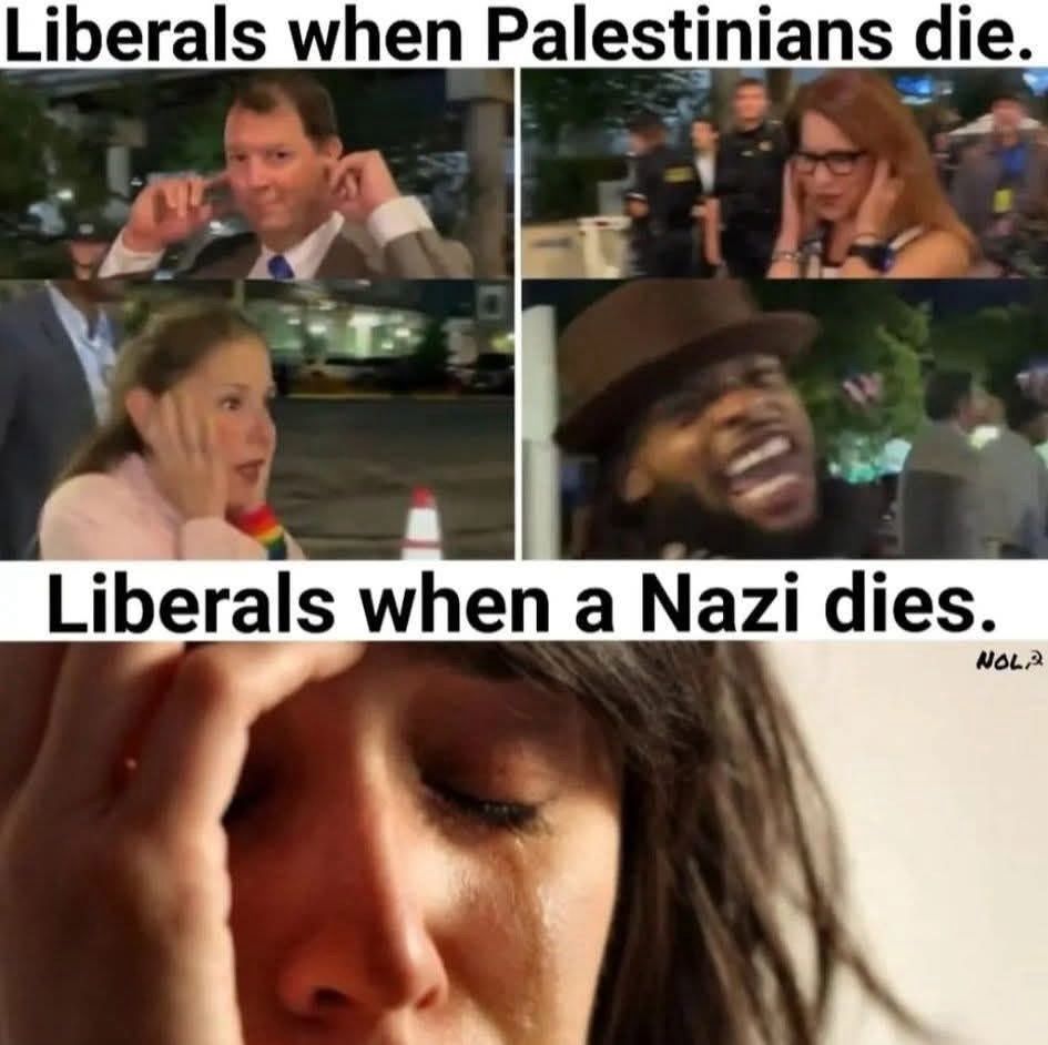 The image is a meme divided into two sections with captions.

- The top section is labeled "Liberals when Palestinians die." It includes three images of people appearing indifferent or dismissive, with gestures like plugging their ears or laughing.

- The bottom section is labeled "Liberals when a Nazi dies." It shows a person crying, suggesting an emotional reaction.
