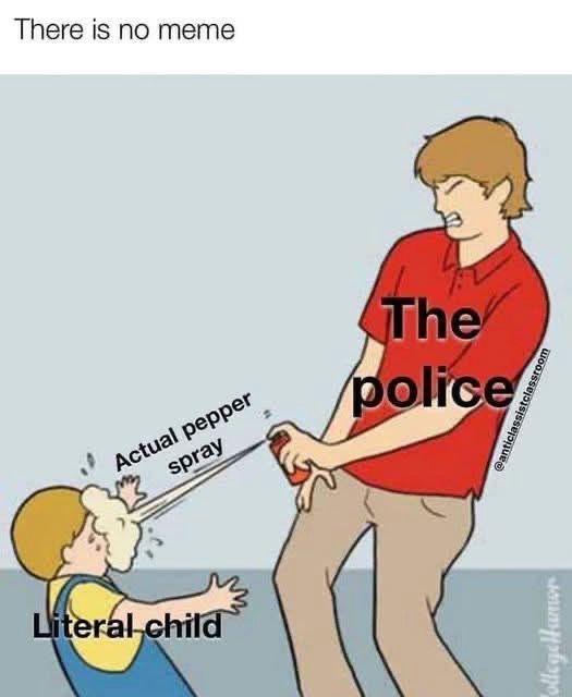 The image is a meme featuring an illustration of a person labeled "The police" spraying something labeled "Actual pepper spray" at a child labeled "Literal child". The scene is meant to be humorous or satirical, with exaggerated expressions. At the top, there is text that reads "There is no meme"