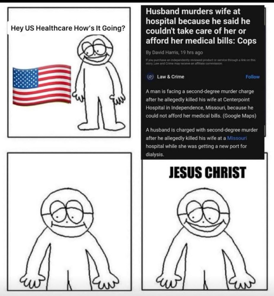 The image is a four-panel meme. 1. Top Left Panel: Features a simple cartoon character with a neutral expression and a waving American flag next to the text, 