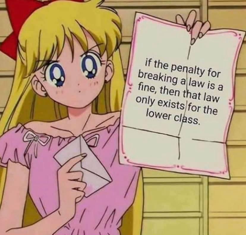 The image features an anime-style character with long blonde hair and a large red bow. She is wearing a pink dress with bows on the shoulders. The character is holding a piece of paper with a message that reads: "if the penalty for breaking a law is a fine, then that law only exists for the lower class." The background consists of wooden panels. The character is also holding an envelope in her other hand.