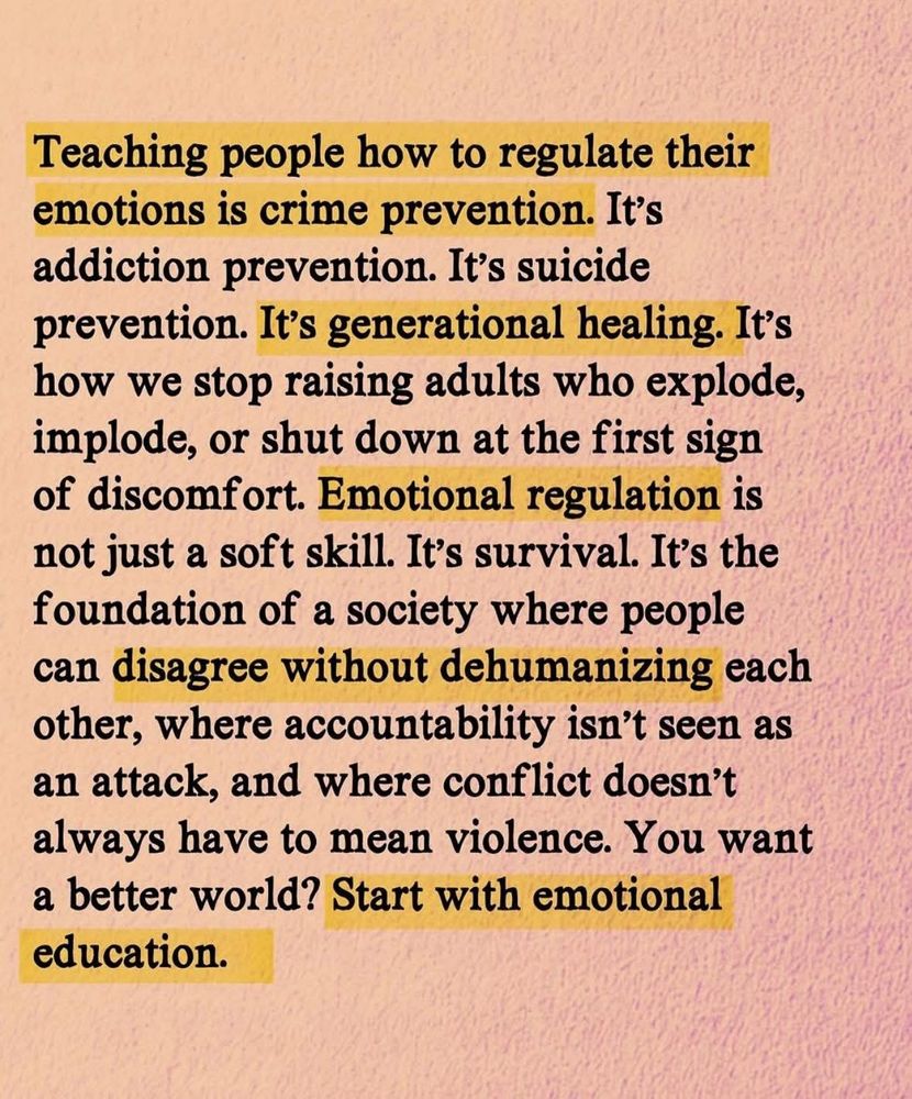 Teaching people how to regulate their emotions is crime prevention. It's addiction prevention. It's suicide prevention. It's generational healing. It's how we stop raising adults who explode, implode, or shut down at the first sign of discomfort. Emotional regulation is not just a soft skill. It's survival. It's the foundation of a society where people can disagree without dehumanizing each other, where accountability isn't seen as an attack, and where conflict doesn't always have to mean violence. You want a better world? Start with emotional education 
