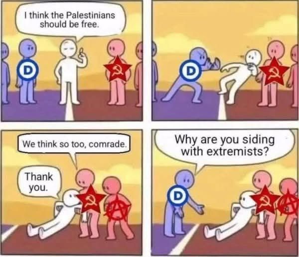 This is a four-panel comic featuring simplified human figures with symbols on their chests.

1. Panel 1: A white figure expresses the opinion, "I think the Palestinians should be free." They are standing near a blue figure with a "D" on their chest and a red figure with a hammer and sickle.

2. Panel 2: The blue figure aggressively pushes the white figure away from the red figure.

3. Panel 3: The white figure is now on the ground, and two red figures, one with a hammer and sickle and another with an anarchy symbol, are standing over them. The red figure with the hammer and sickle says, "We think so too, comrade," and the white figure replies, "Thank you."

4. Panel 4: The blue figure questions the white figure, saying, "Why are you siding with extremists?" The white figure remains on the ground, and the red figures stand nearby.
