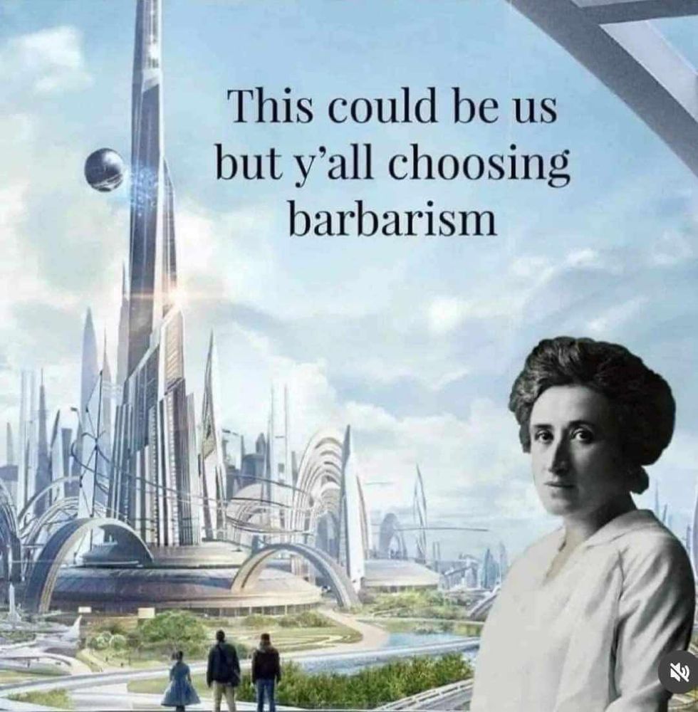 The image features a futuristic cityscape with tall, sleek skyscrapers and modern architectural designs, including curved and arched structures. In the foreground, three people stand observing the scene. The sky is blue with some clouds, adding to the utopian atmosphere. Superimposed on the right side of the image is a grayscale photograph of a woman in historical attire. Text above the cityscape reads, 