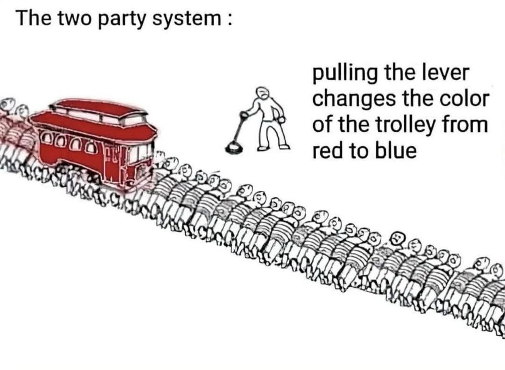 The image is a satirical illustration of the "two-party system." It depicts a trolley problem scenario. A red trolley is moving along a track over a group of people lying down. A person is standing next to a lever, which when pulled, will change the color of the trolley from red to blue. The text next to the person reads, "pulling the lever changes the color of the trolley from red to blue." This is a commentary on how changing political parties doesn't necessarily change the underlying issues, just the appearance or label.