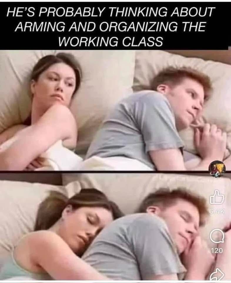 The image is a meme with two panels showing a couple in bed. 

- Top Panel: The man is lying on his side, facing away, with a pensive look. The woman beside him is awake, looking at him with a concerned expression. Text above reads: "He's probably thinking about arming and organizing the working class."

- Bottom Panel: The woman is now asleep, snuggling up to the man, who is Also asleep. 