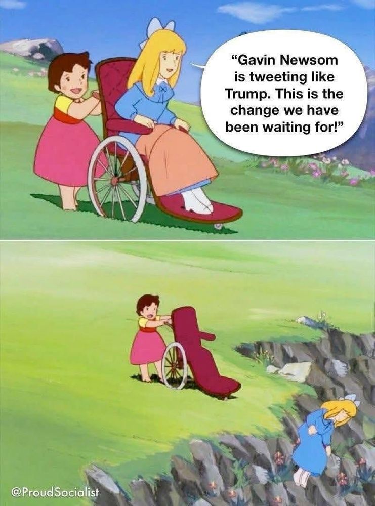 The image is a two-panel cartoon. In the top panel, a dark-haired girl in a pink dress is pushing a blonde girl sitting in a wheelchair. The blonde girl is wearing a blue dress with a bow. A speech bubble reads: 