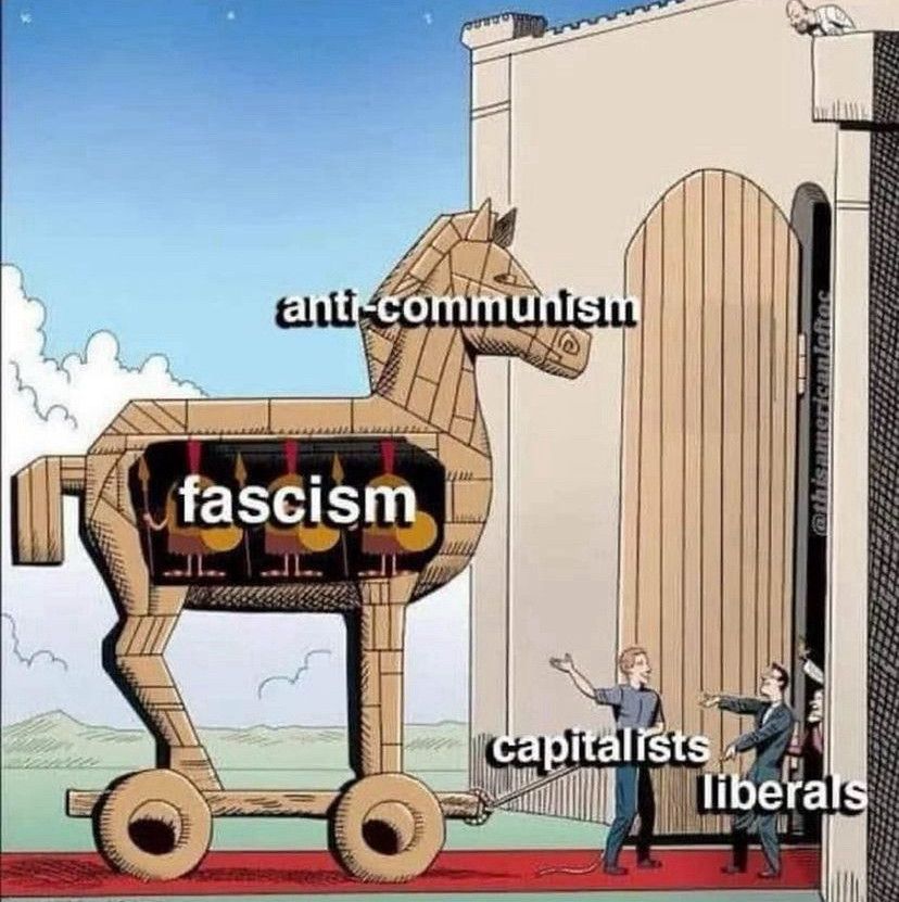 The image is a cartoon depicting a large wooden Trojan horse. The horse is labeled 