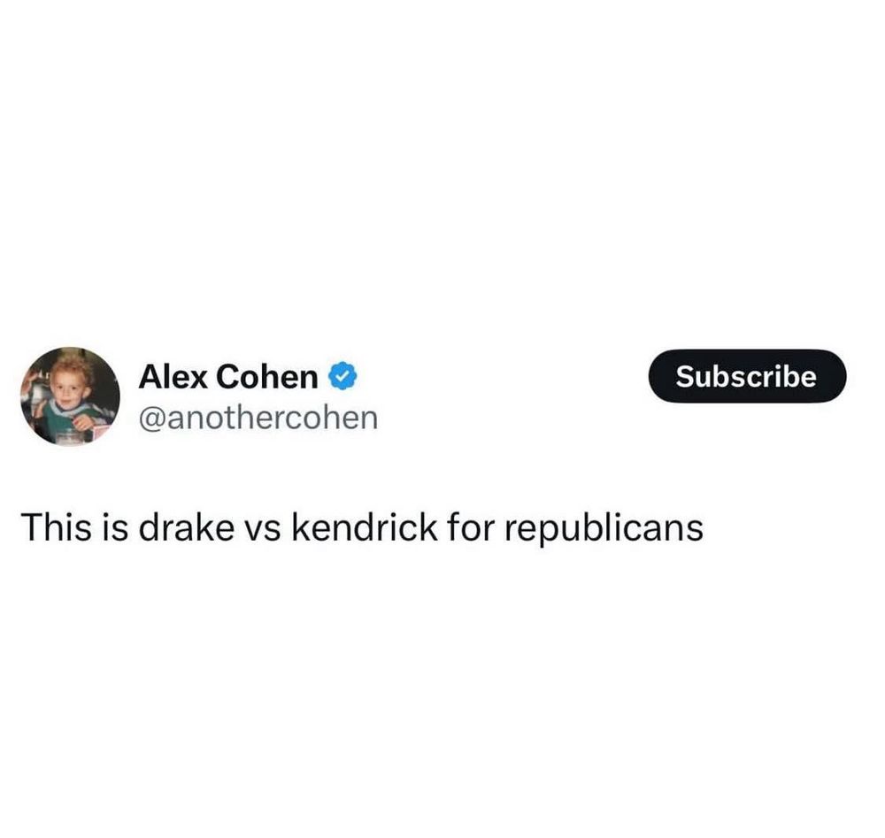 Screenshot of a meme by username Alex Cohen that says this is Drake versus Kendrick for Republicans. 