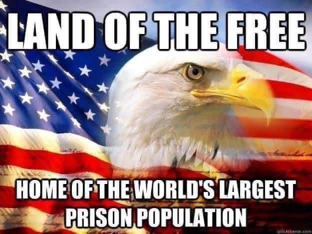 The image features the American flag in the background, with a prominent bald eagle, which is a national symbol of the United States, superimposed in the foreground. The text at the top reads "LAND OF THE FREE," and the text at the bottom reads "HOME OF THE WORLD'S LARGEST PRISON POPULATION." This juxtaposition of imagery and text seems to convey a critical commentary on the notion of freedom in the United States, highlighting the paradox of having a large prison population.