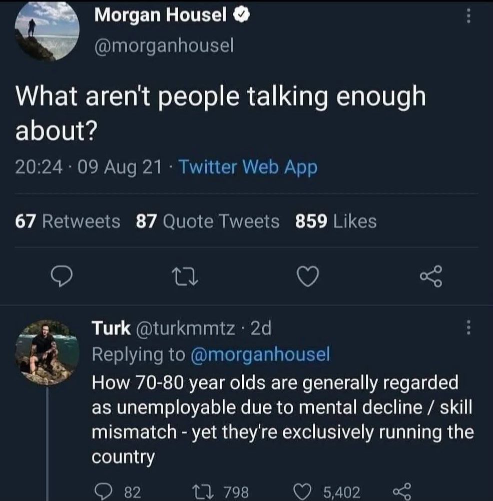 The image is a screenshot of a Twitter exchange. 1. Top Tweet: - User: Morgan Housel (@morganhousel) - Content: The tweet asks, 