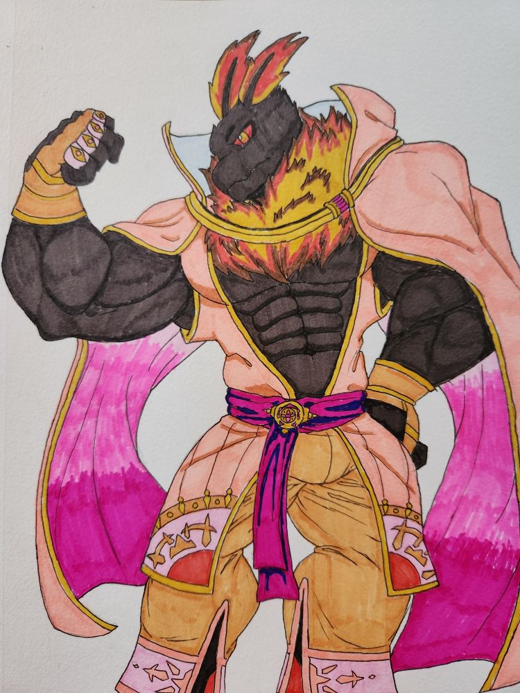 A drawing depicting a muscular, anthropomorphic dark grey moth. The moth is wearing an outfit with colors reminiscent of a sunset.

The moth, however, lacks wings.