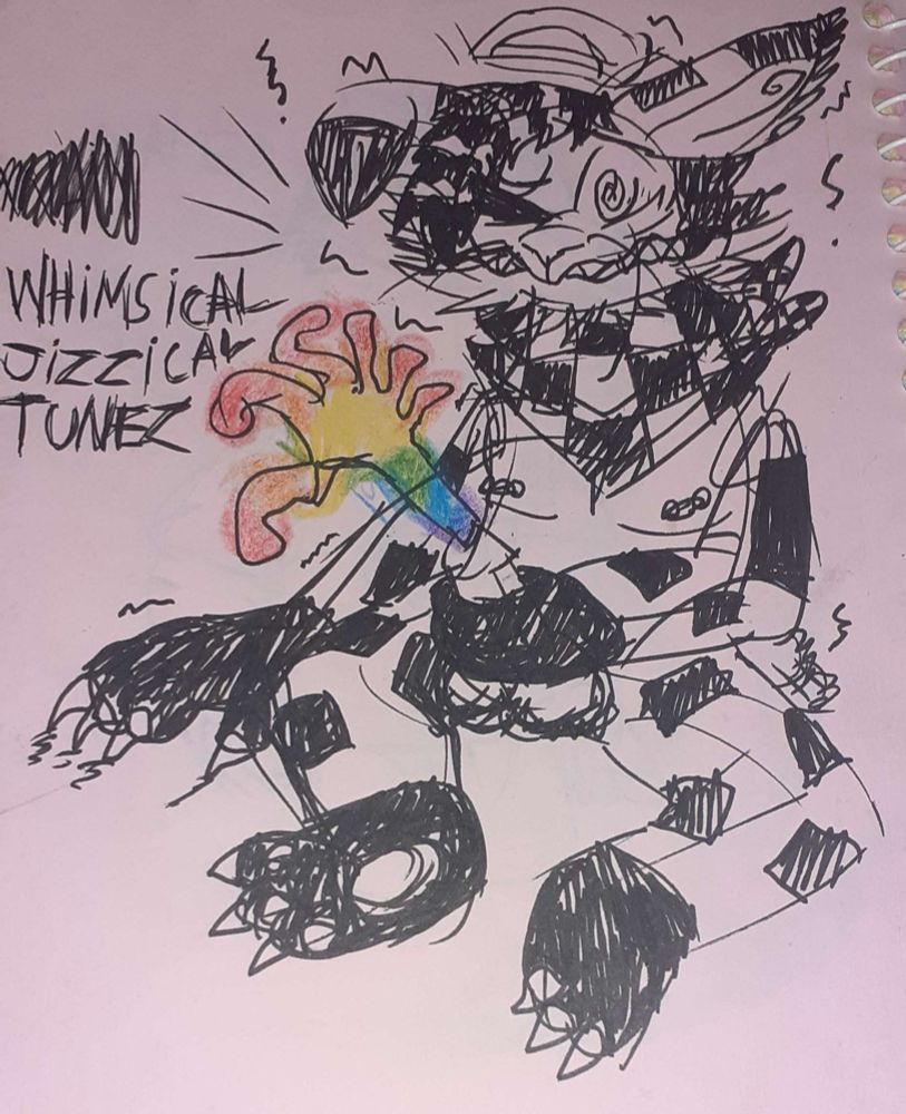 a drawing of an anthro spinda with square markings around their body wearing a backwards baseball cap and a checkered bandana. they are having an orgasm and their cum is rainbow-colored