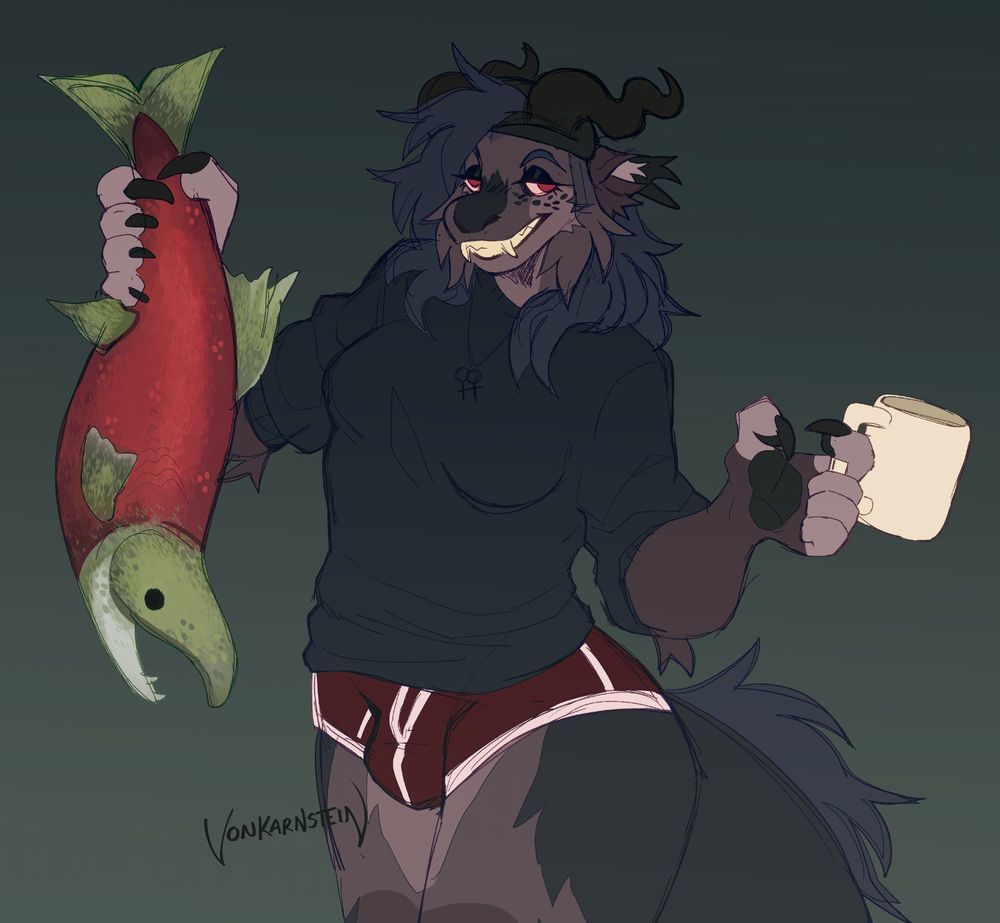 An anthropomorphic dragon holding a salmon and a mug as if She's posing for a tinder photo. She's in a loose black sweater and red briefs, showing some bulge. She smiles wither her sharp teeth.