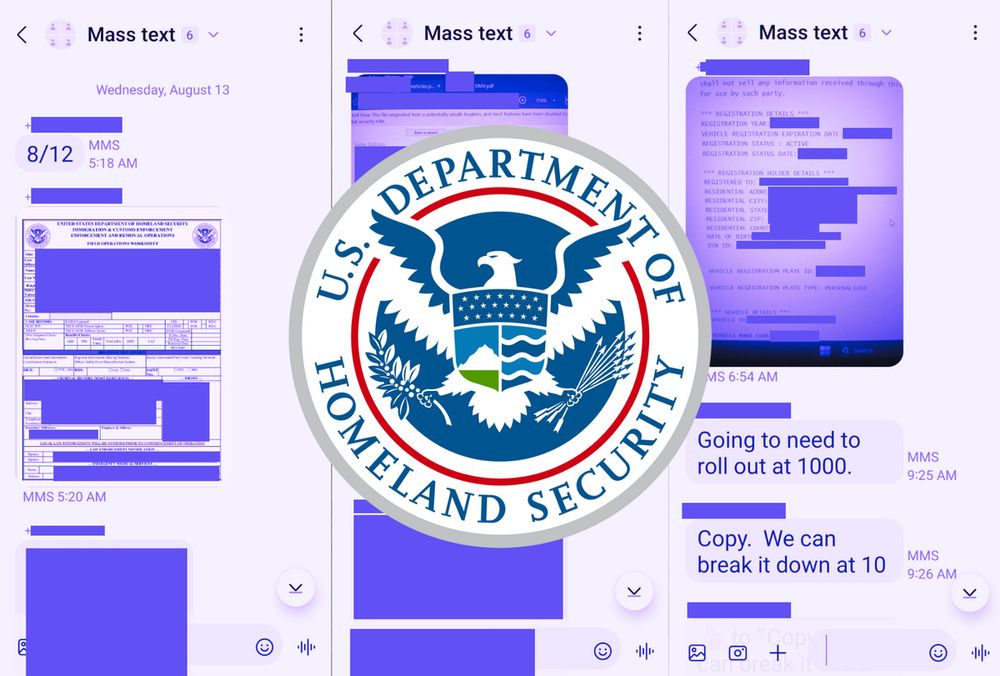 The texts were sent to a group called “Mass Text” and show ICE using DMV and license plate reader data in an attempt to find their target, copies of the messages obtained by 404 Media show.