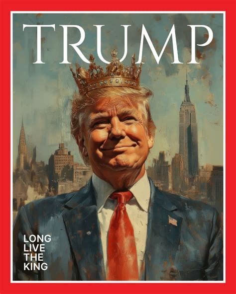 Fake Time Magazine cover (posted by the official White House account) of Donald Trump wearing a crown with a stupid smirk on his face while wearing is standard blue suit, white shirt, and red tie.

The title says TRUMP instead of TIME, and in the lower left corner are the words Long Live The King. 