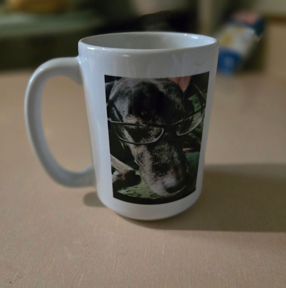 Coffee mug with Wrecks the dog (6/7/2013 - 12/21/22). Today is his Gotcha Day, and I remember and honor him.