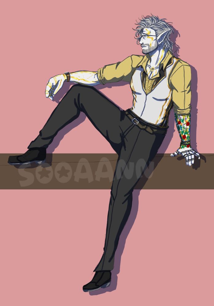 full body de Fortune, il se tient assit, laissant une jambe pendre dans le vide et l'autre est relever avec l'un de ces bras posé sur son genou. Son autre bras appuyé au sol pour le tenir bien droit

full body of Fortune, he sits, letting one leg hang in the air and the other is raised with one of his arms resting on his knee. His other arm rests on the ground to keep him upright