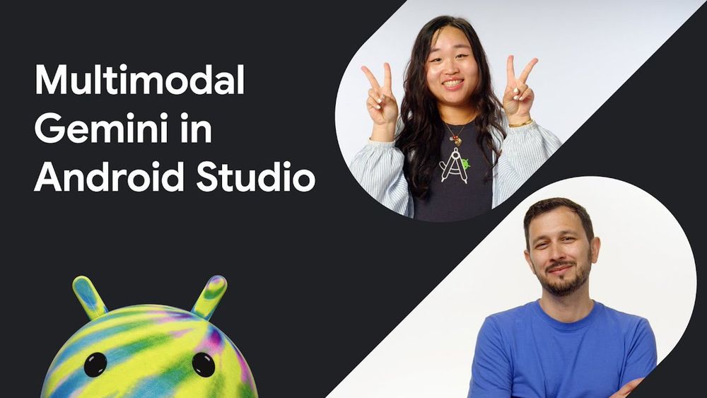 A vibrant promotional image features "Multimodal Gemini in Android Studio" in large white text on a dark grey background to the left. Below the text, the colorful, tie-dye head of the Android mascot peeks from the bottom left. On the right, against a white background, two smiling individuals are shown: an individual with long dark hair, wearing a striped shirt and a t-shirt with a compass graphic, holds up peace signs in the top right, while below, a bearded individual in a blue t-shirt smiles subtly.