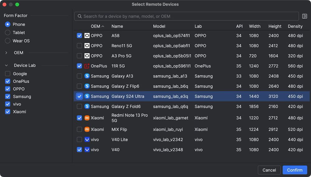 List of device options in Android Studio