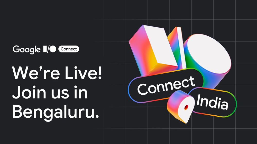 Announcement graphic for Google I/O Connect. On a dark grid background, the Google I/O Connect logo is in the top left, with large white text below it reading: "We're Live! Join us in Bengaluru." On the right, a cluster of vibrant rainbow-colored 3D geometric shapes, including a rectangular prism, a cylinder, a thin slice, and a stylized location pin, are shown. Two black, pill-shaped labels with rainbow outlines are superimposed on these shapes, reading "Connect" and "India."