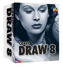 foto da caixa do programa de imagens vetoriais "coreldraw 8".
a frente da caixa traz o rosto vetorizado da atriz hedy lamarr, que processou a corel por conta do uso de sua imagem no produto kkkk