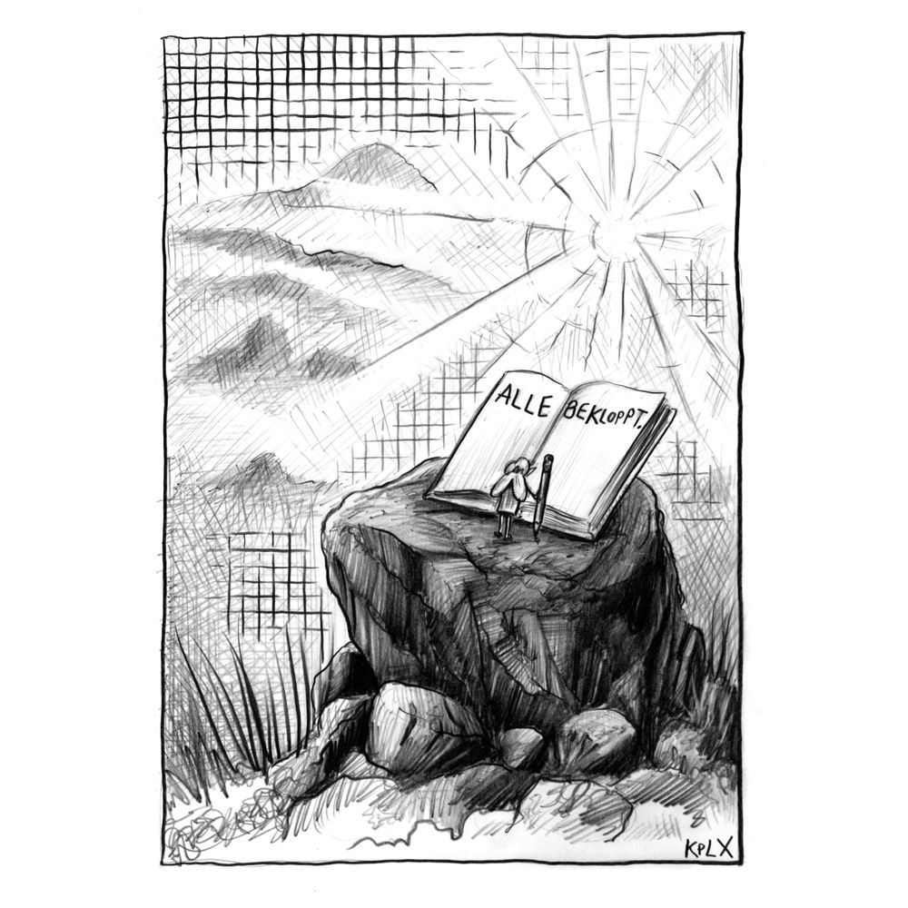 Bleistiftzeichnung auf A4: Eine kleine Fliege steht auf einem Felsen, umgeben von karger Natur. Sie hält inne, nachdem sie ihre Erkenntnis des Tages in ein Tagebuch geschrieben hat. Im Buch steht deutlich: „Alle bekloppt“. 